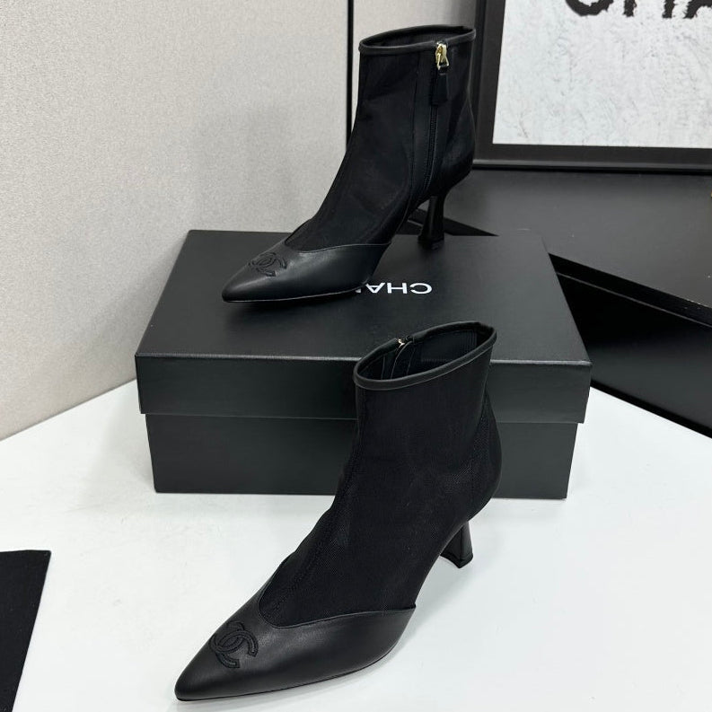 Chanel 2026 Pointed Toe Ankle Boots 80mm Mesh Suede Cowhide 985779