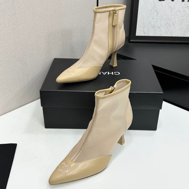 Chanel 2026 Pointed Toe Ankle Boots 80mm Mesh Suede Cowhide 985779