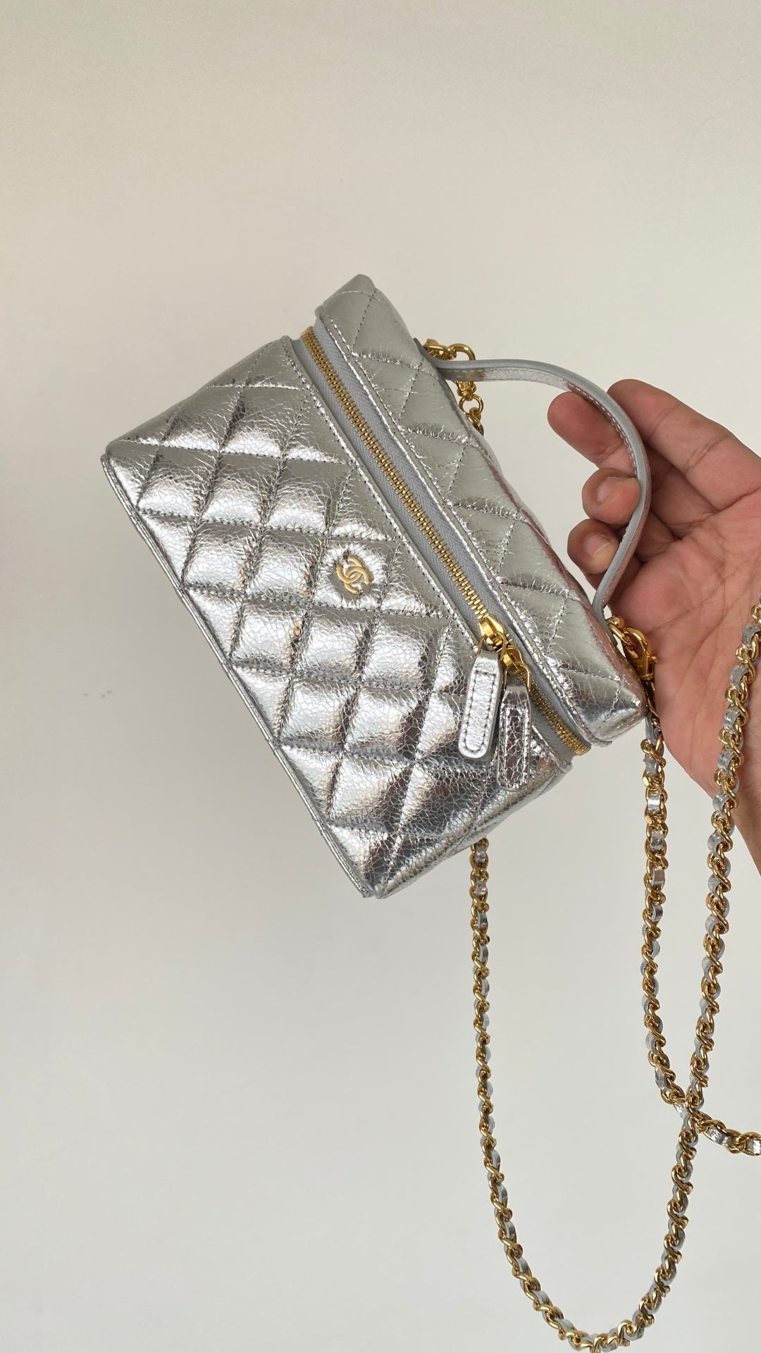 Chanel 25 Box Bag Silver Metallic Leather
