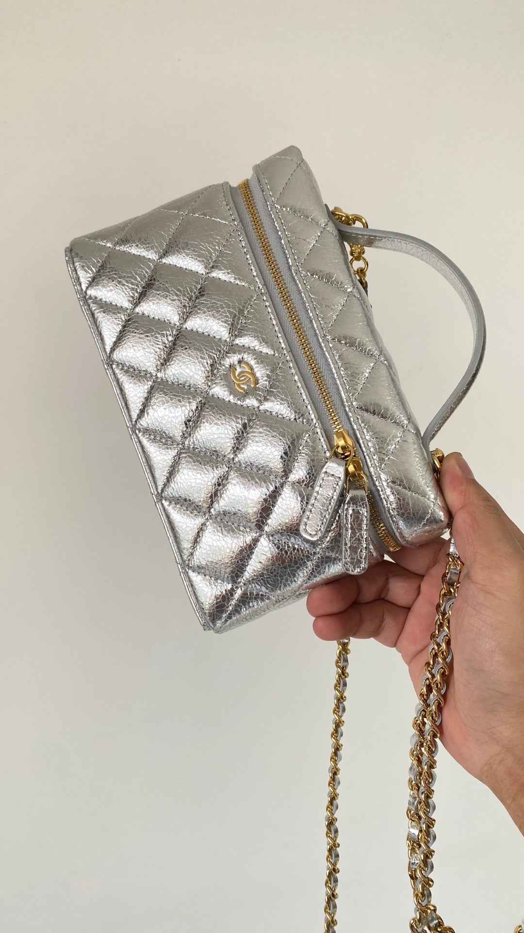 Chanel 25 Box Bag Silver Metallic Leather