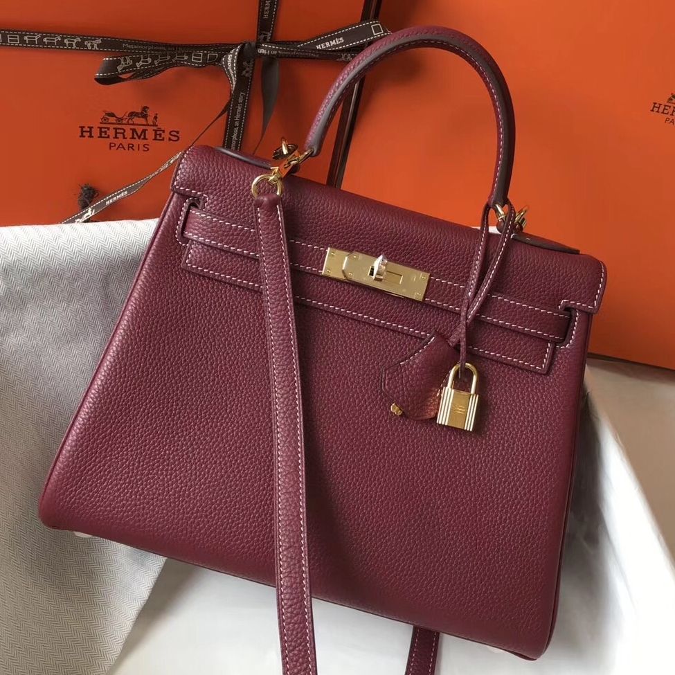 HM KELLY 28CM BURGUNDY TOGO LEATHER GOLD HARDWARE