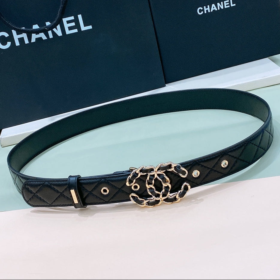 Chanel 2026 Quilted Chain Buckle Belt 30mm Lambskin
