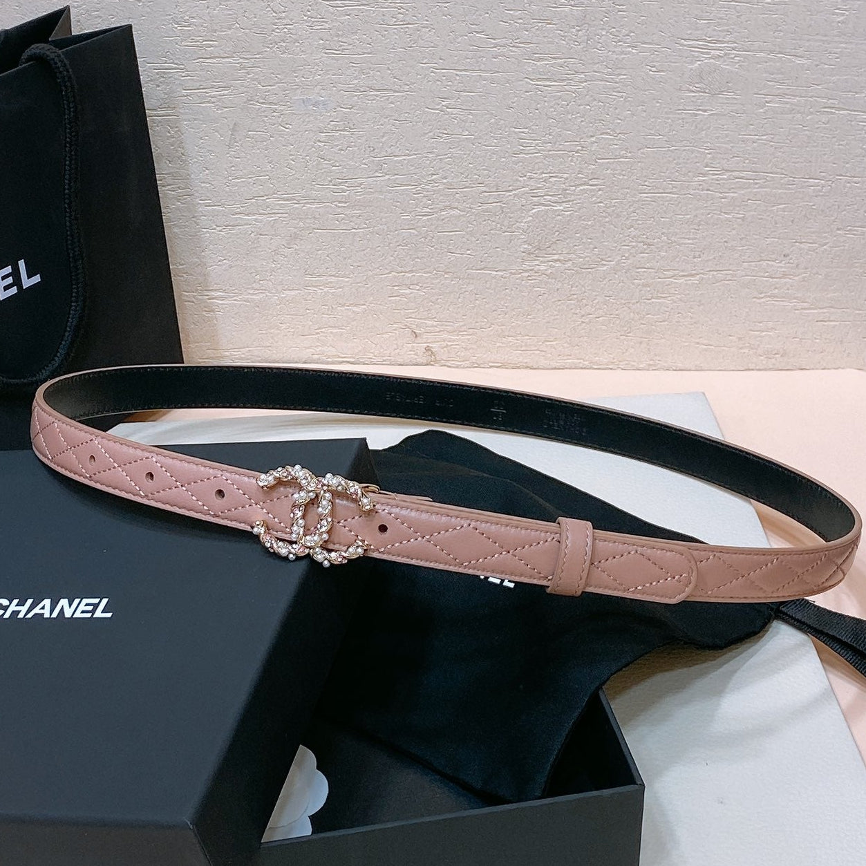 Chanel 2026 Pearl Rhinestone Buckle Belt 20mm Lambskin