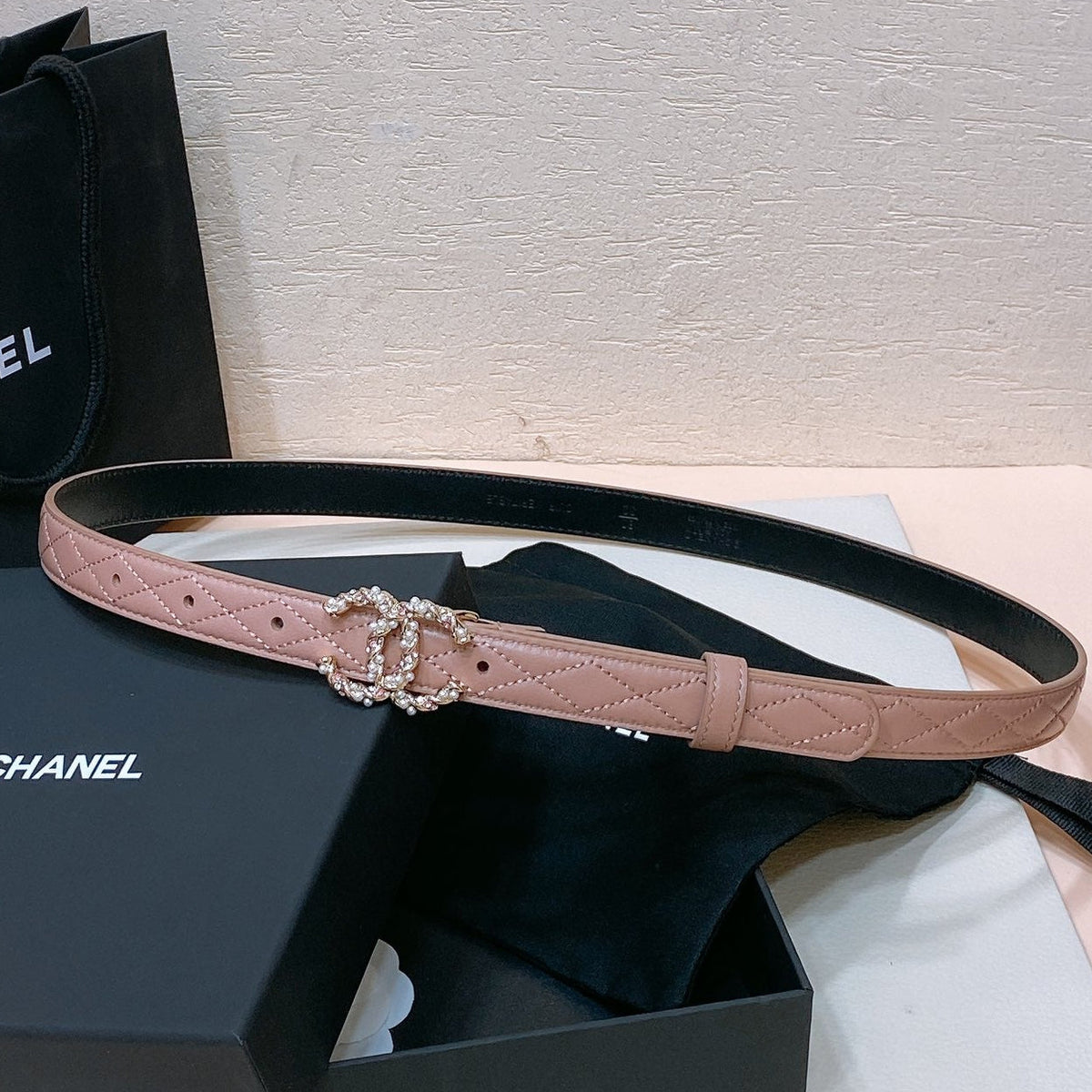 Chanel 2026 Pearl Rhinestone Buckle Belt 20mm Lambskin
