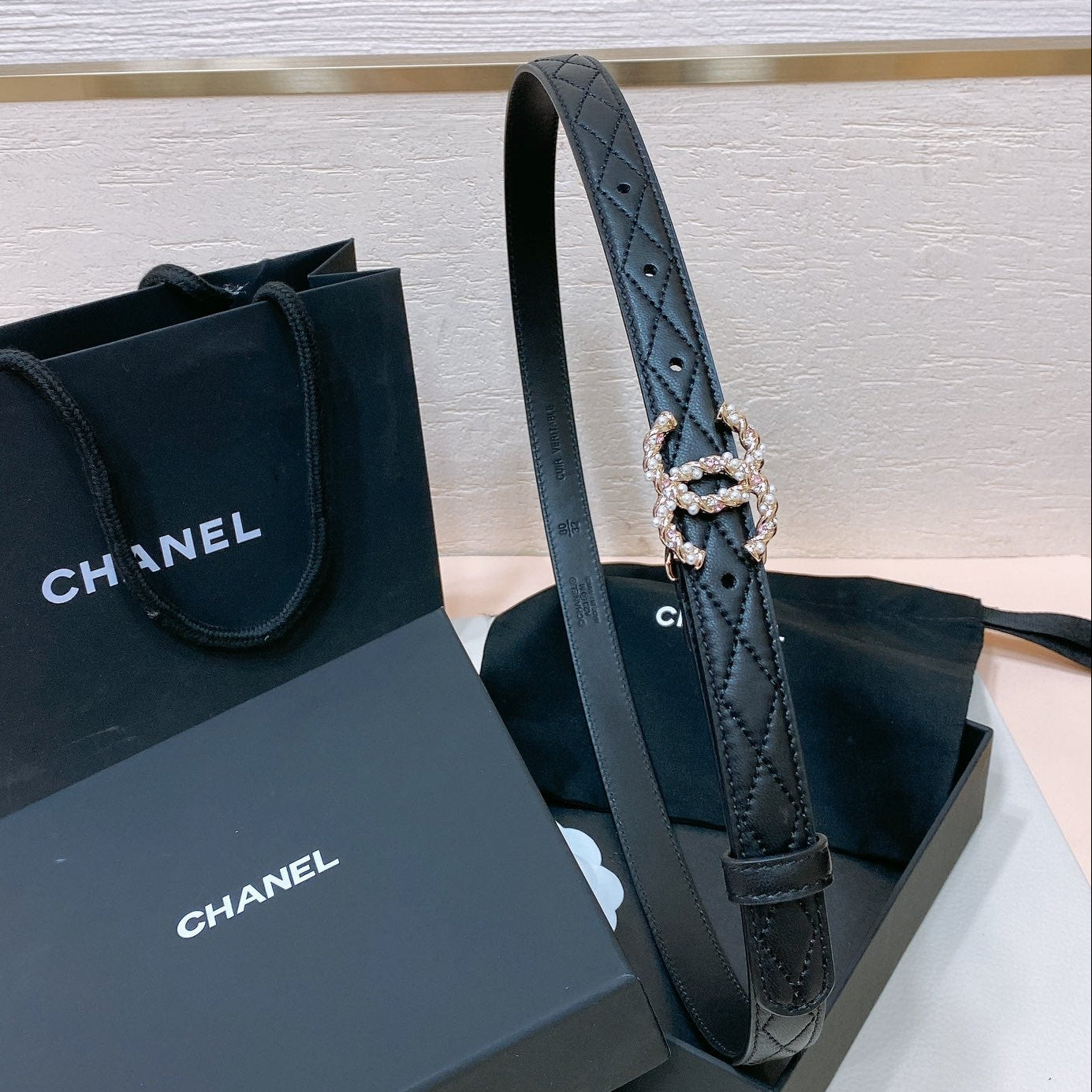 Chanel 2026 Pearl Rhinestone Buckle Belt 20mm Lambskin