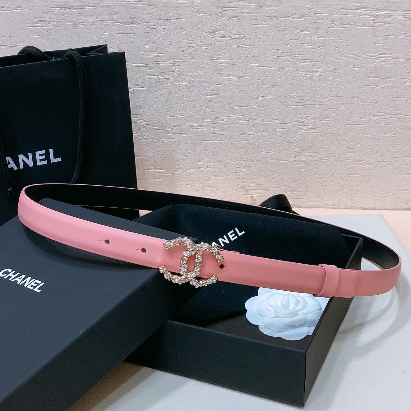 Chanel 2026 Pearl Rhinestone Buckle Belt 20mm Lambskin