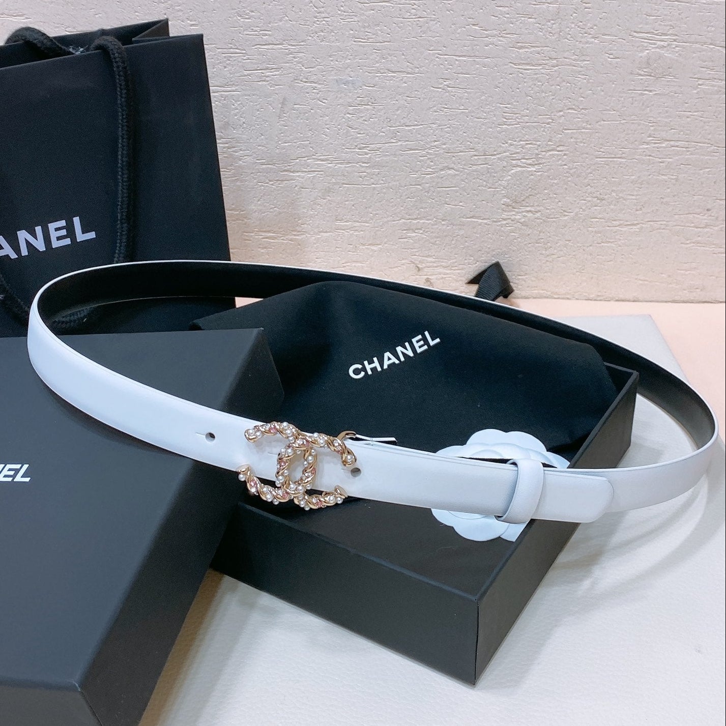 Chanel 2026 Pearl Rhinestone Buckle Belt 20mm Lambskin