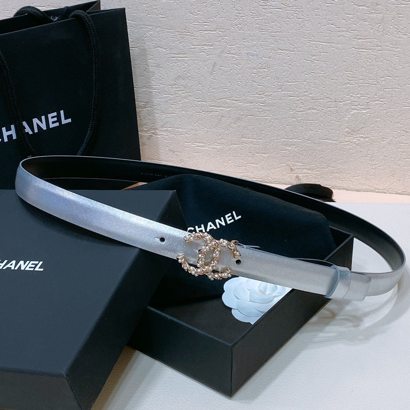 Chanel 2026 Pearl Rhinestone Buckle Belt 20mm Lambskin