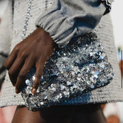 25C Flap Bag 21cm Dense Silver Sequin White Calfskin