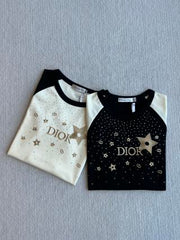 CD Rhinestone Embroidered Short-sleeved T-shirt Black and Beige Cotton