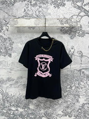 LV 25 Round Neck Metal Zipper T-Shirt Black White Cotton