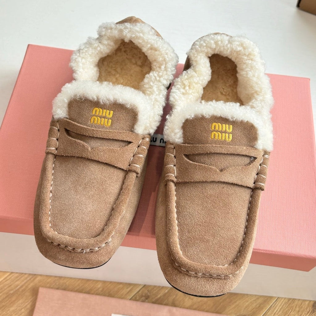 Miu Miu 2026 Ruches Shearling-Lined Penny Loafers Suede 994149