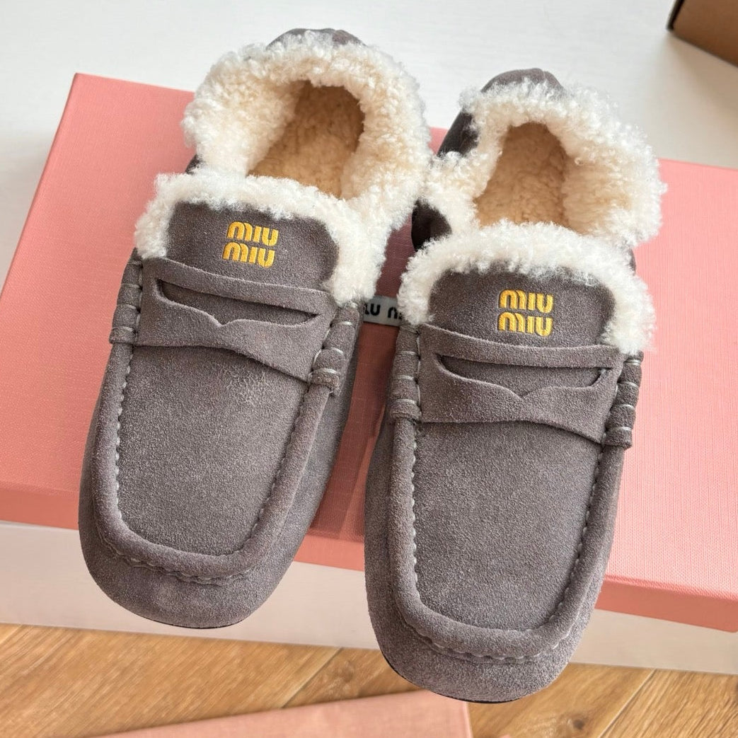 Miu Miu 2026 Ruches Shearling-Lined Penny Loafers Suede 994149