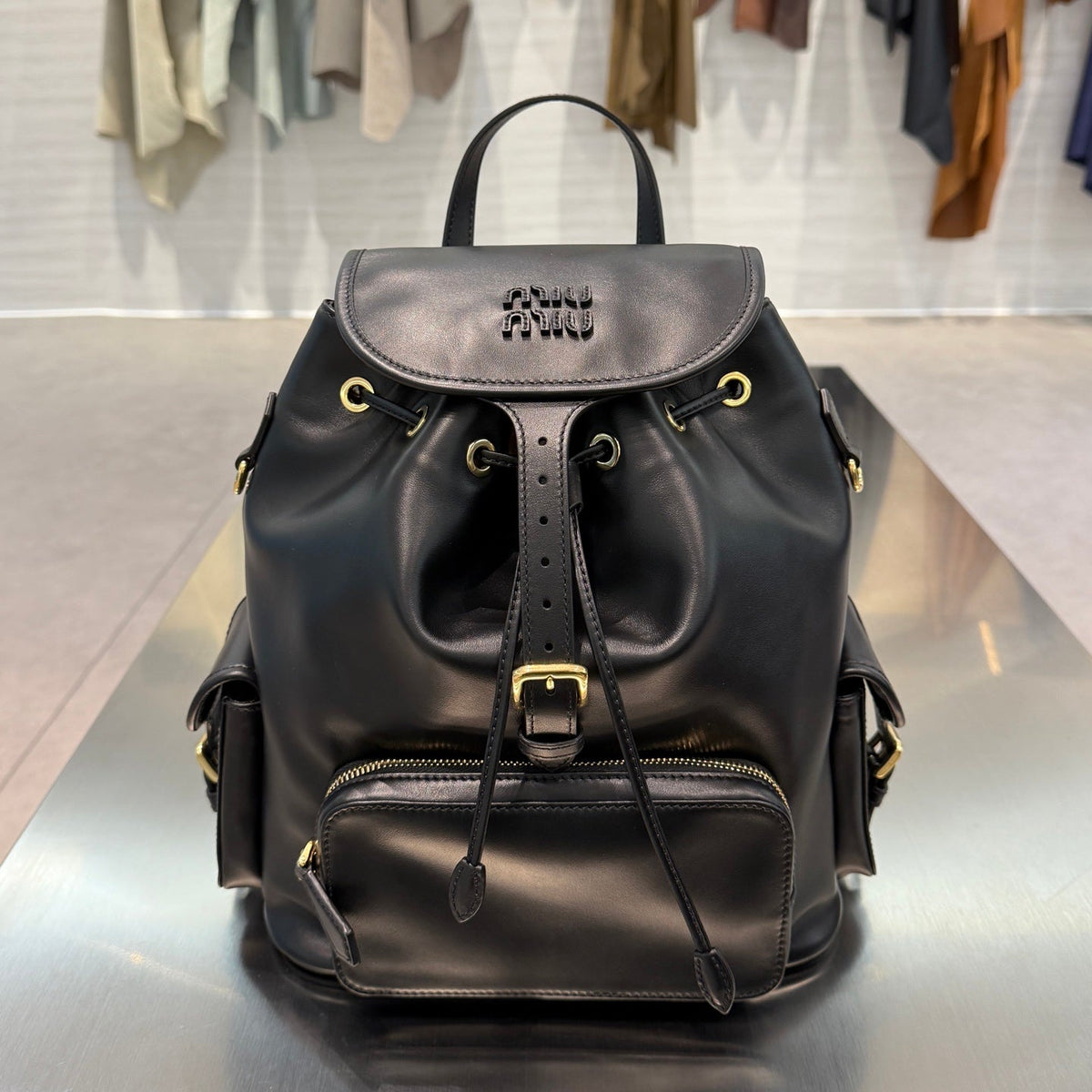 MiuMiu 2026 Buckle Gold Backpack Leather