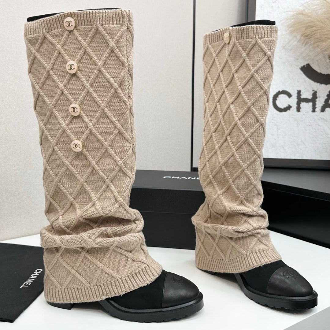 Chanel 2026 CC Buttoned Knitted Knee-High Boots Wool 985768