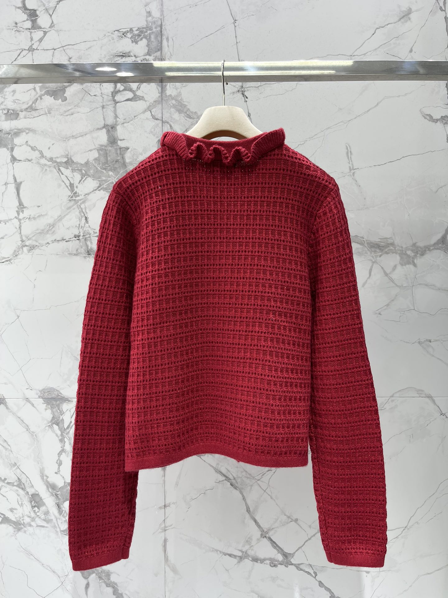 Miumiu 2025 Ruffled V-Neck Knit Cardigan Wool