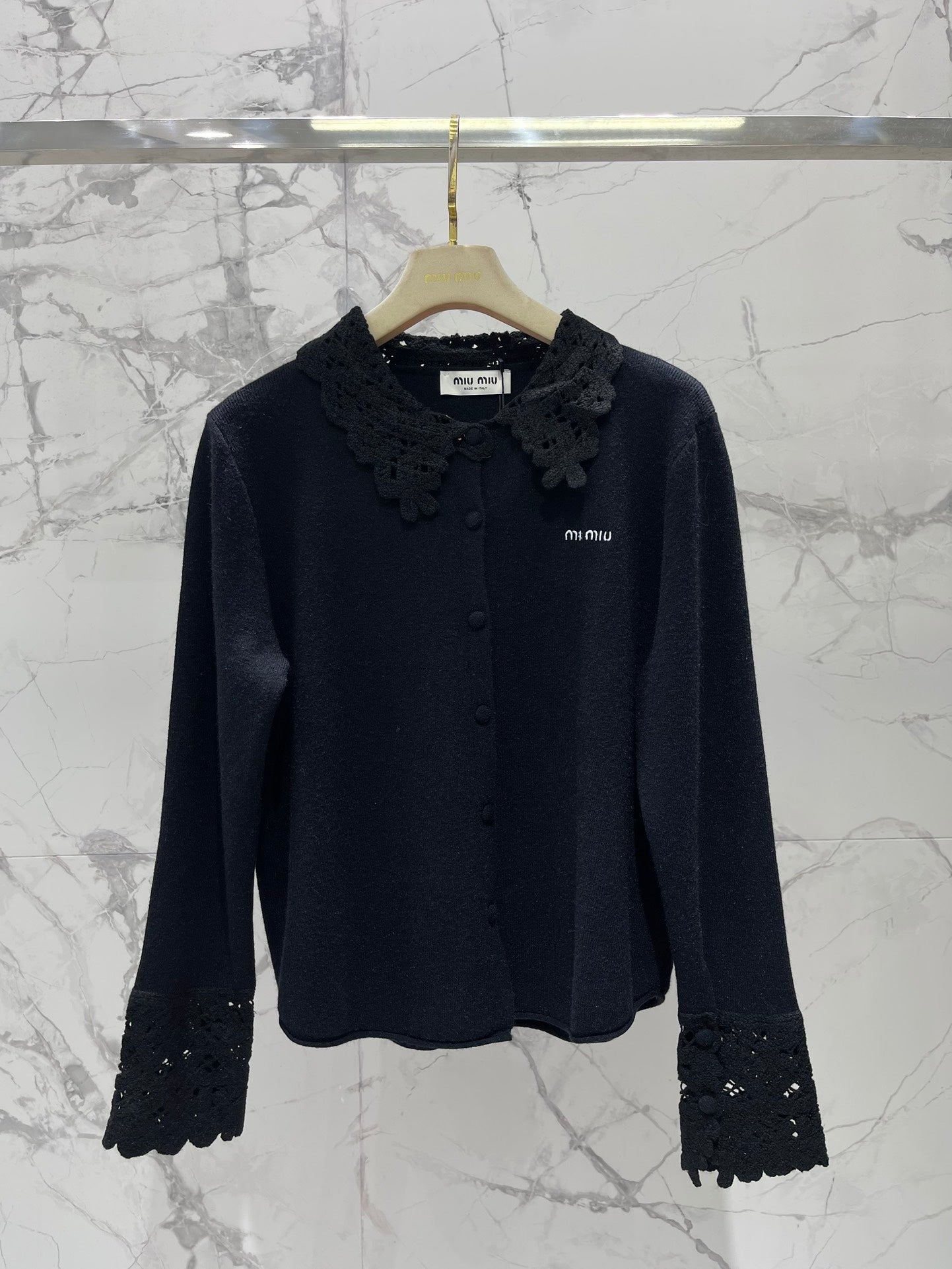 Miumiu 2025 Hollow-Out Crochet Collar Age-Defying Knit Cardigan Wool