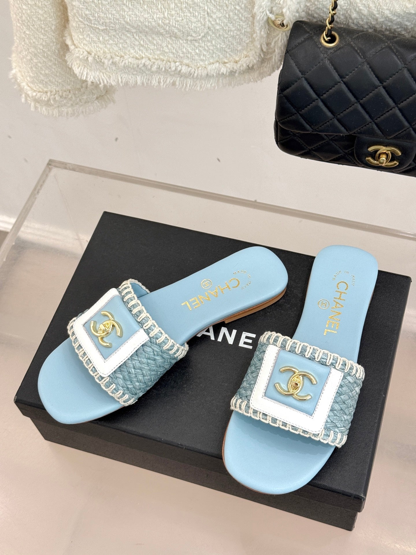 CC 2026 Slip-On Sandals Raffia Sheepskin Gold Logo