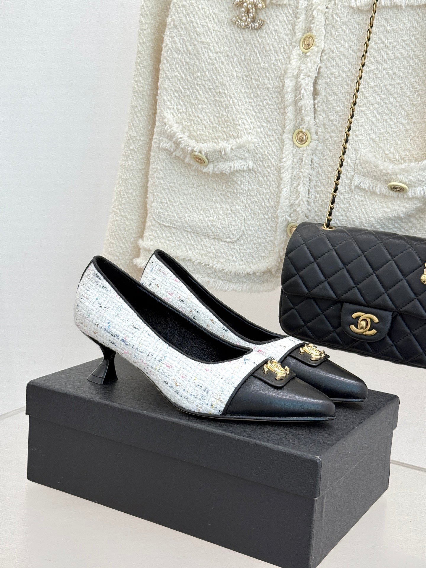 CC 2026 Heel Pump 55 Tweed Sheepskin Double C Logo