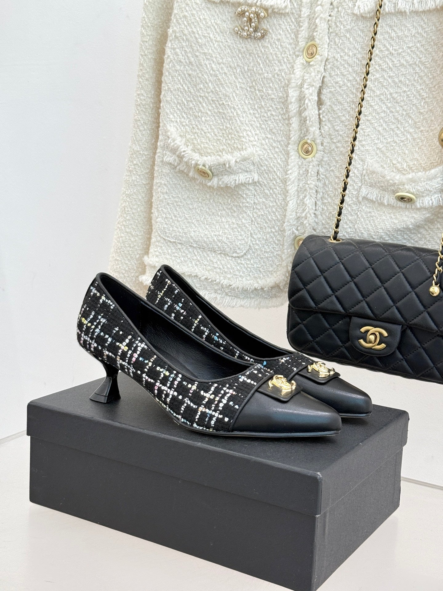 CC 2026 Heel Pump 55 Tweed Sheepskin Double C Logo