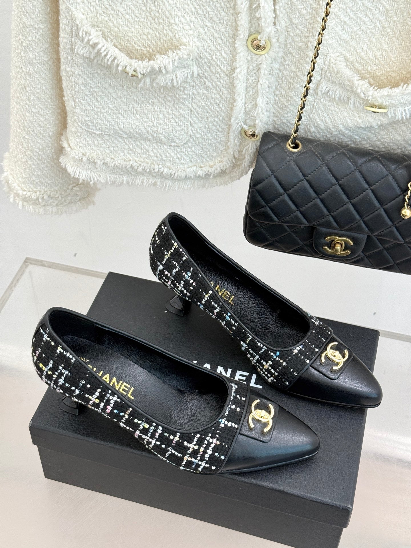 CC 2026 Heel Pump 55 Tweed Sheepskin Double C Logo