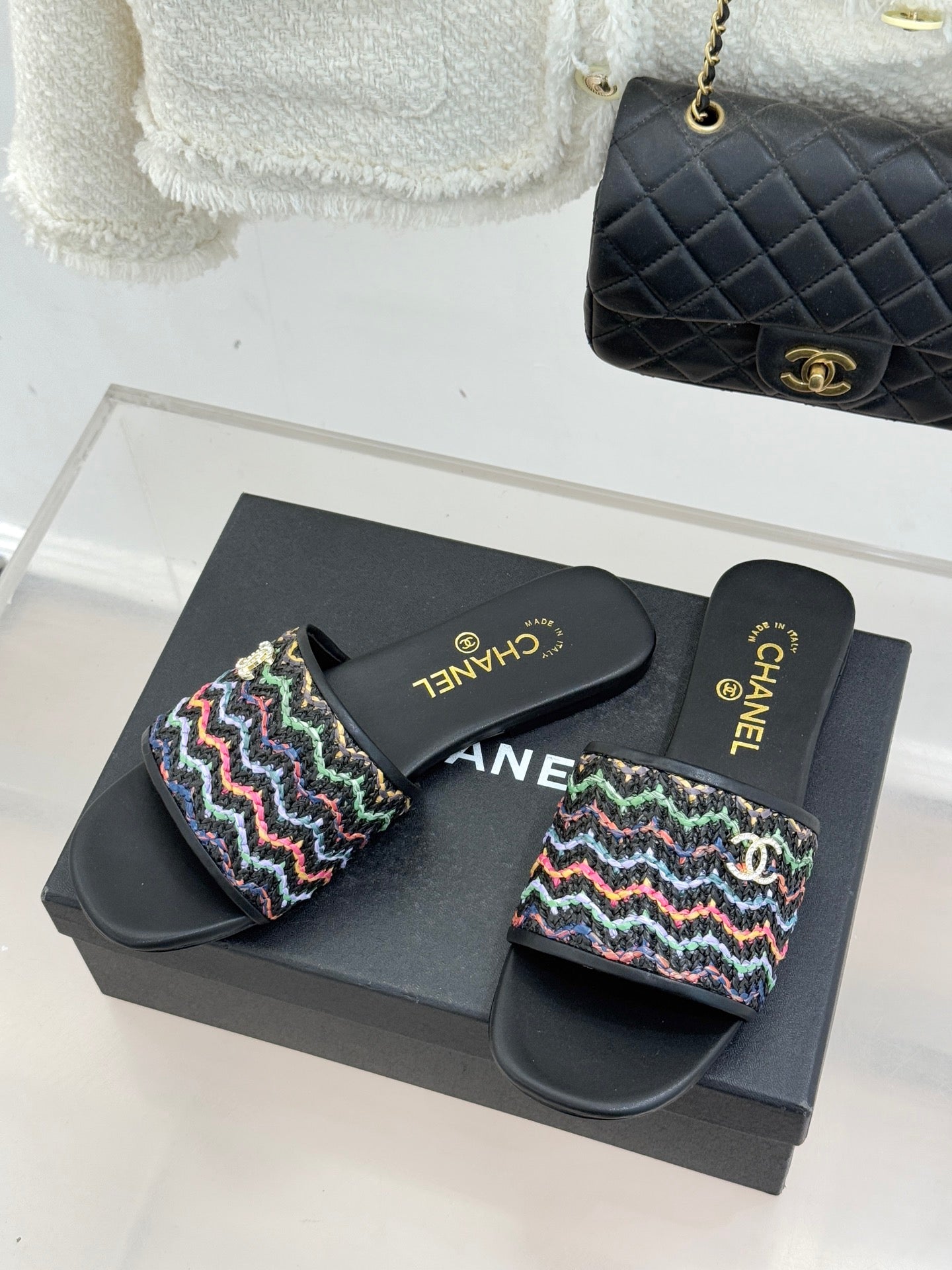 CC 2026 Knitted Double C Flat Slippers Multicolor Woven Sheepskin