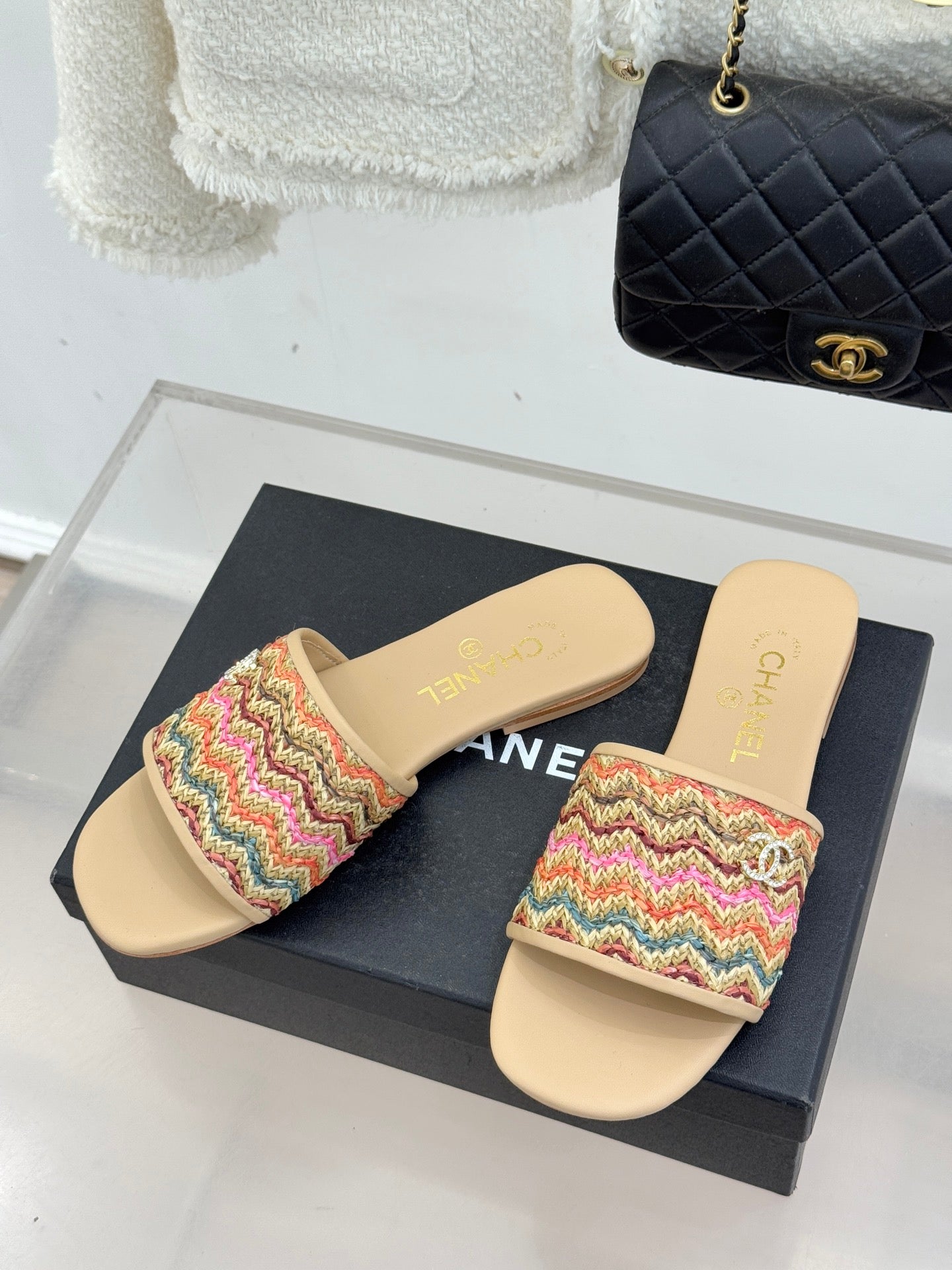 CC 2026 Knitted Double C Flat Slippers Multicolor Woven Sheepskin