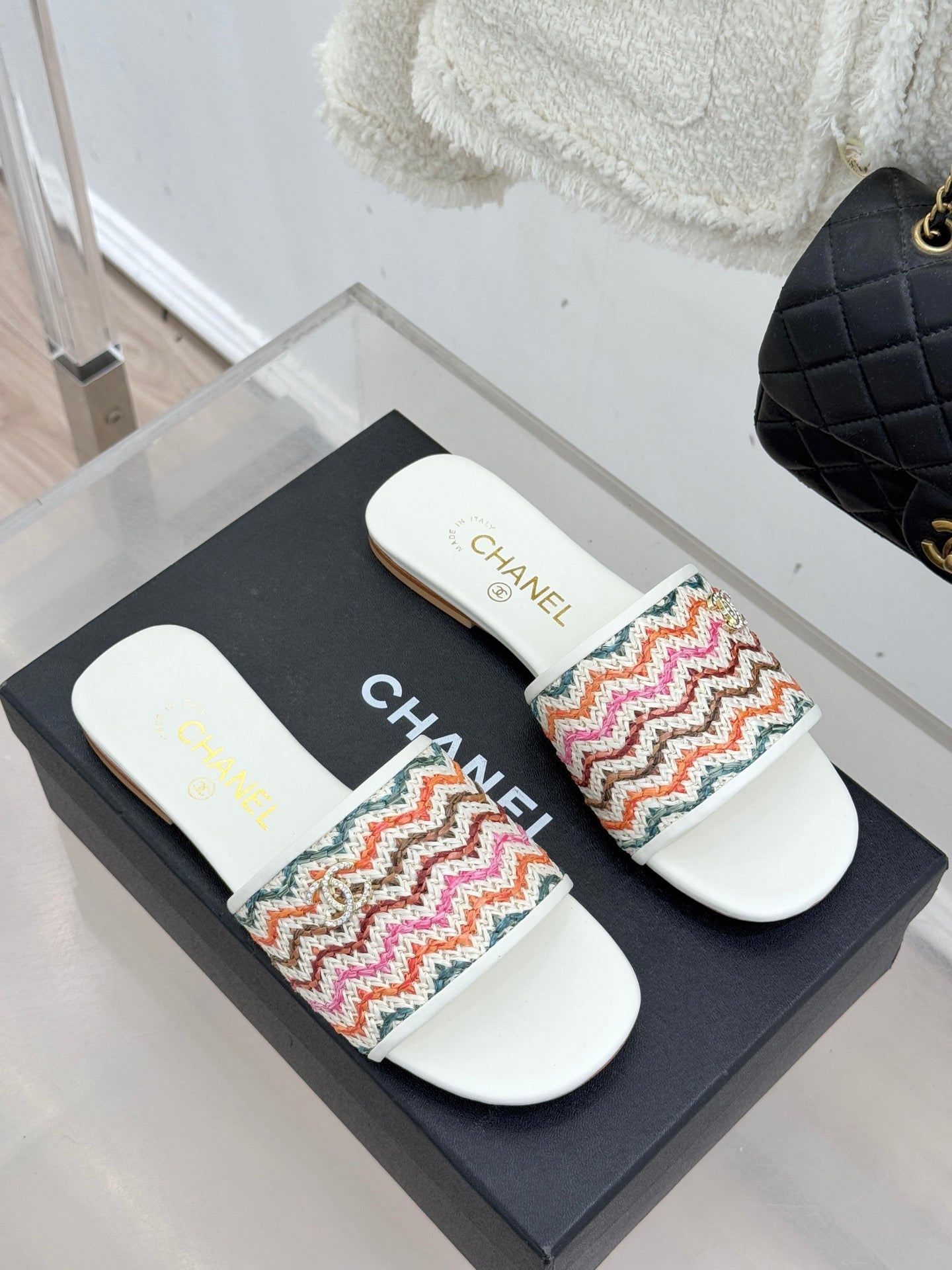 CC 2026 Knitted Double C Flat Slippers Multicolor Woven Sheepskin