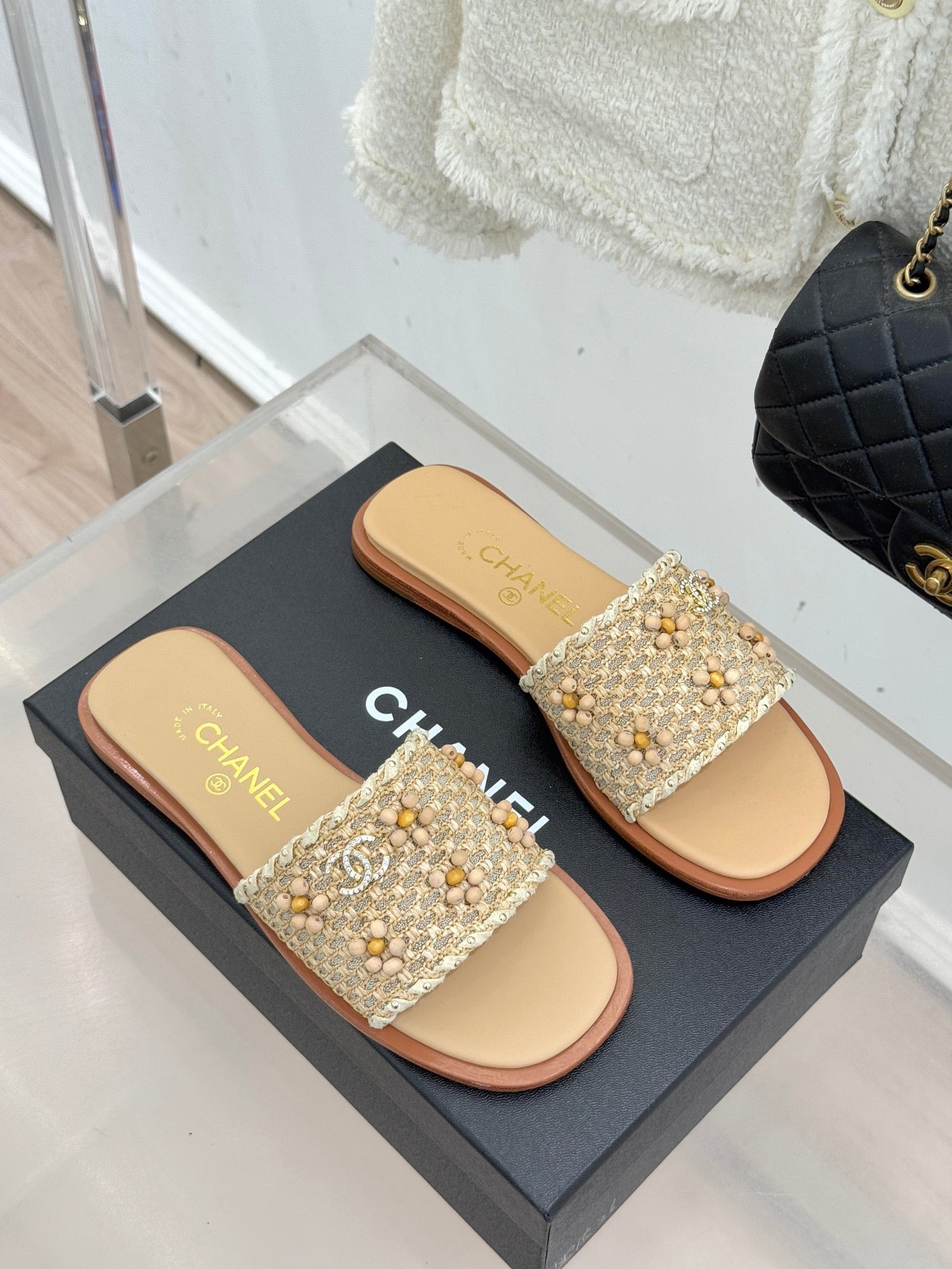CC 2026 Flat Sandals Tweed Woven Sheepskin