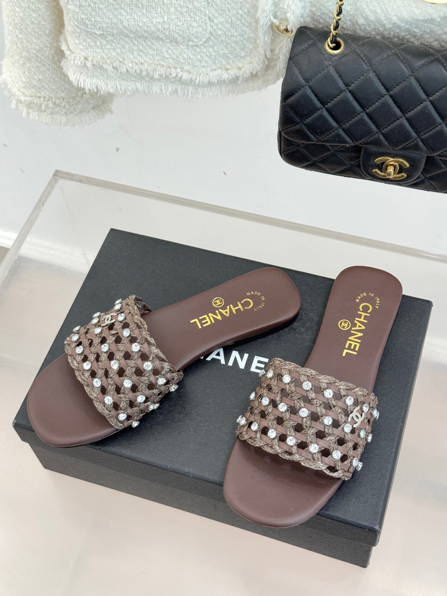 CC 2026 Flat Sandals Woven Sheepskin Rhinestones