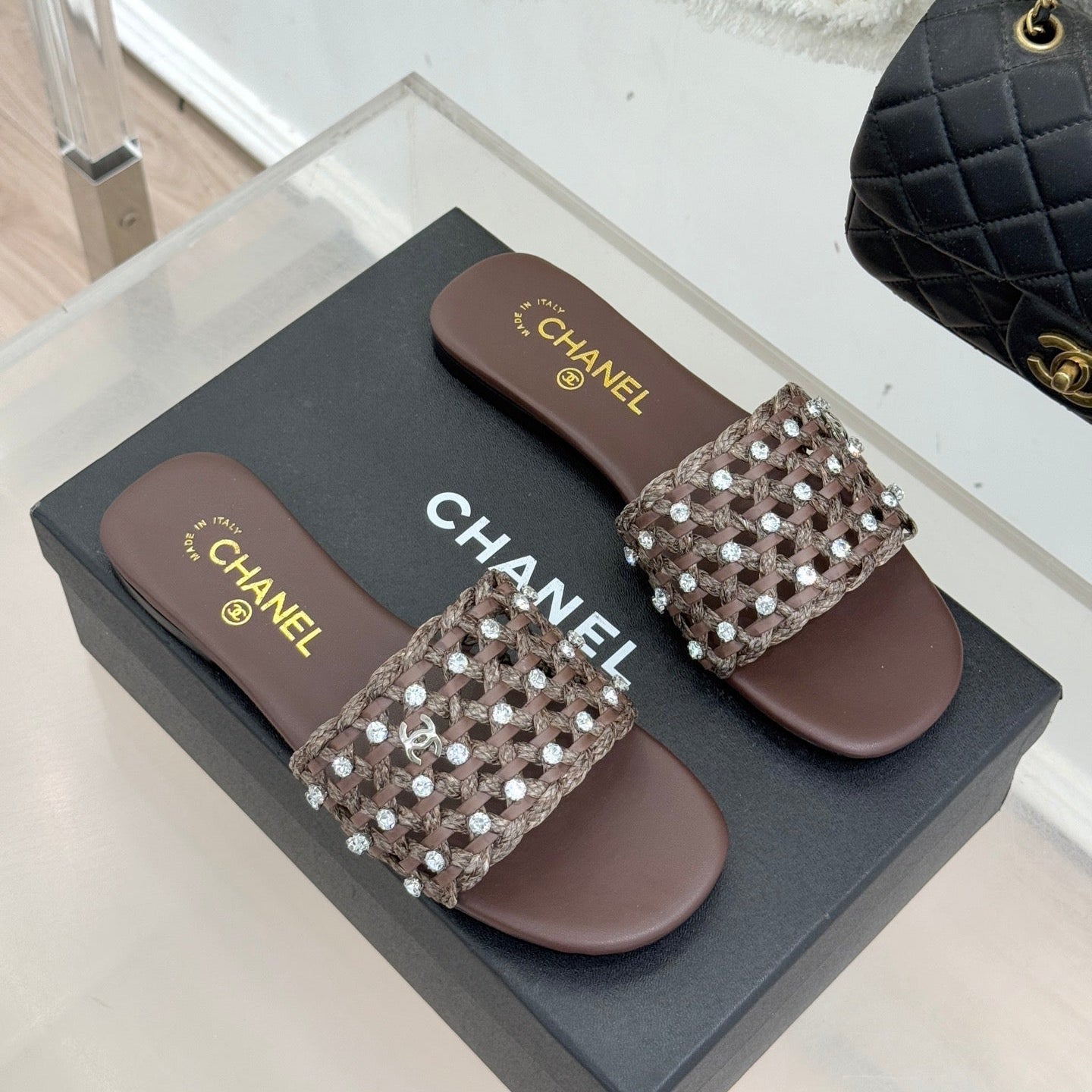 CC 2026 Flat Sandals Woven Sheepskin Rhinestones
