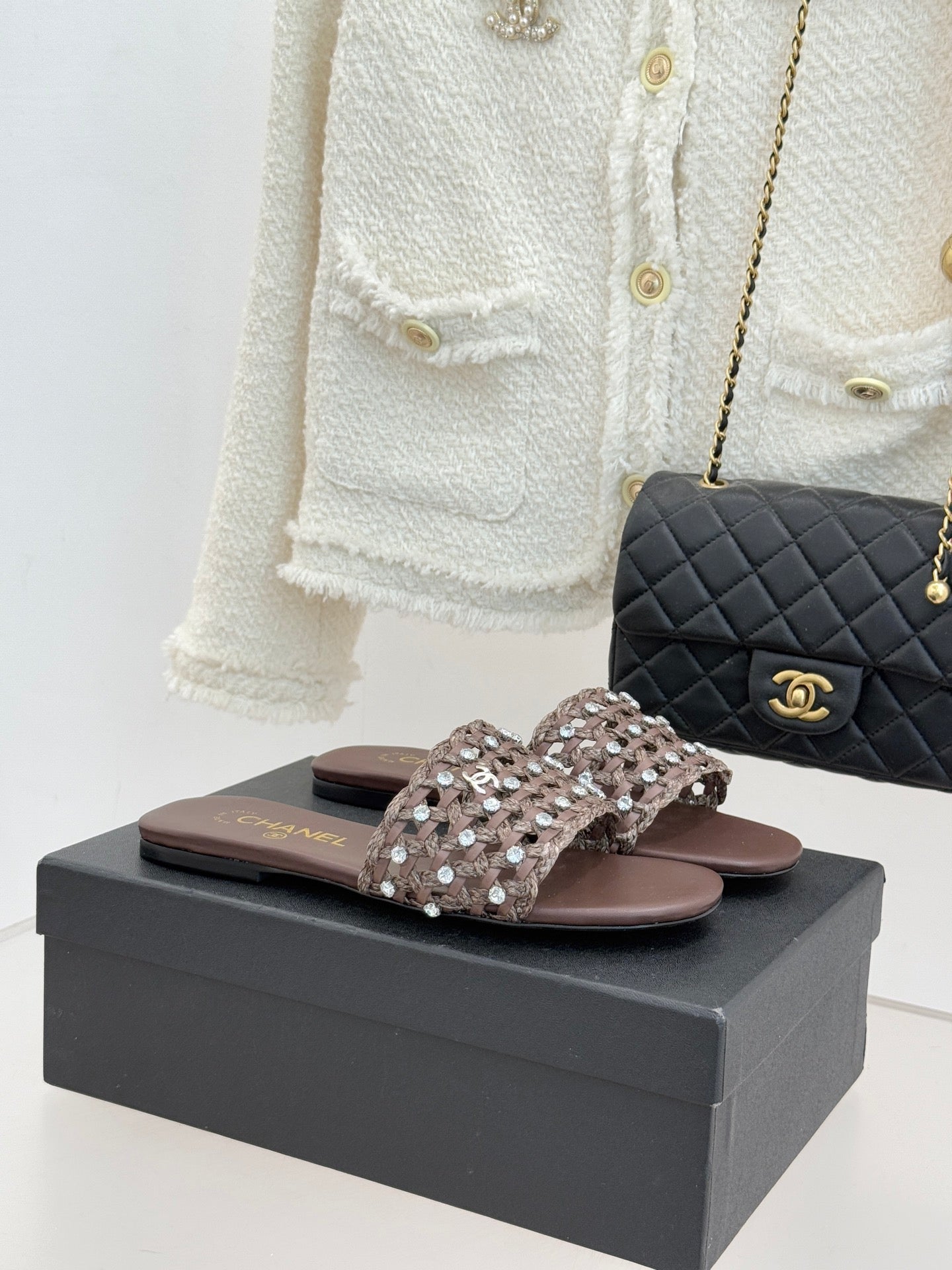 CC 2026 Flat Sandals Woven Sheepskin Rhinestones