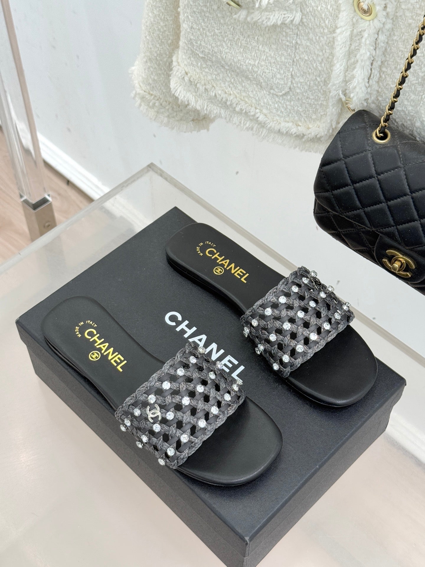 CC 2026 Flat Sandals Woven Sheepskin Rhinestones