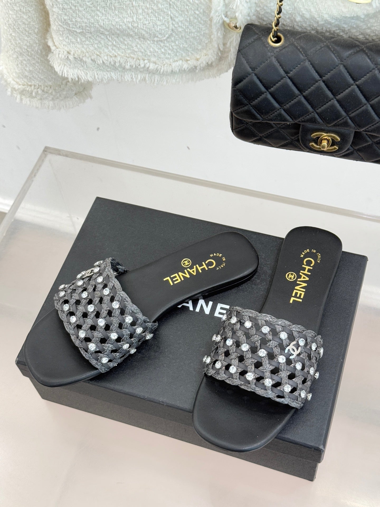 CC 2026 Flat Sandals Woven Sheepskin Rhinestones