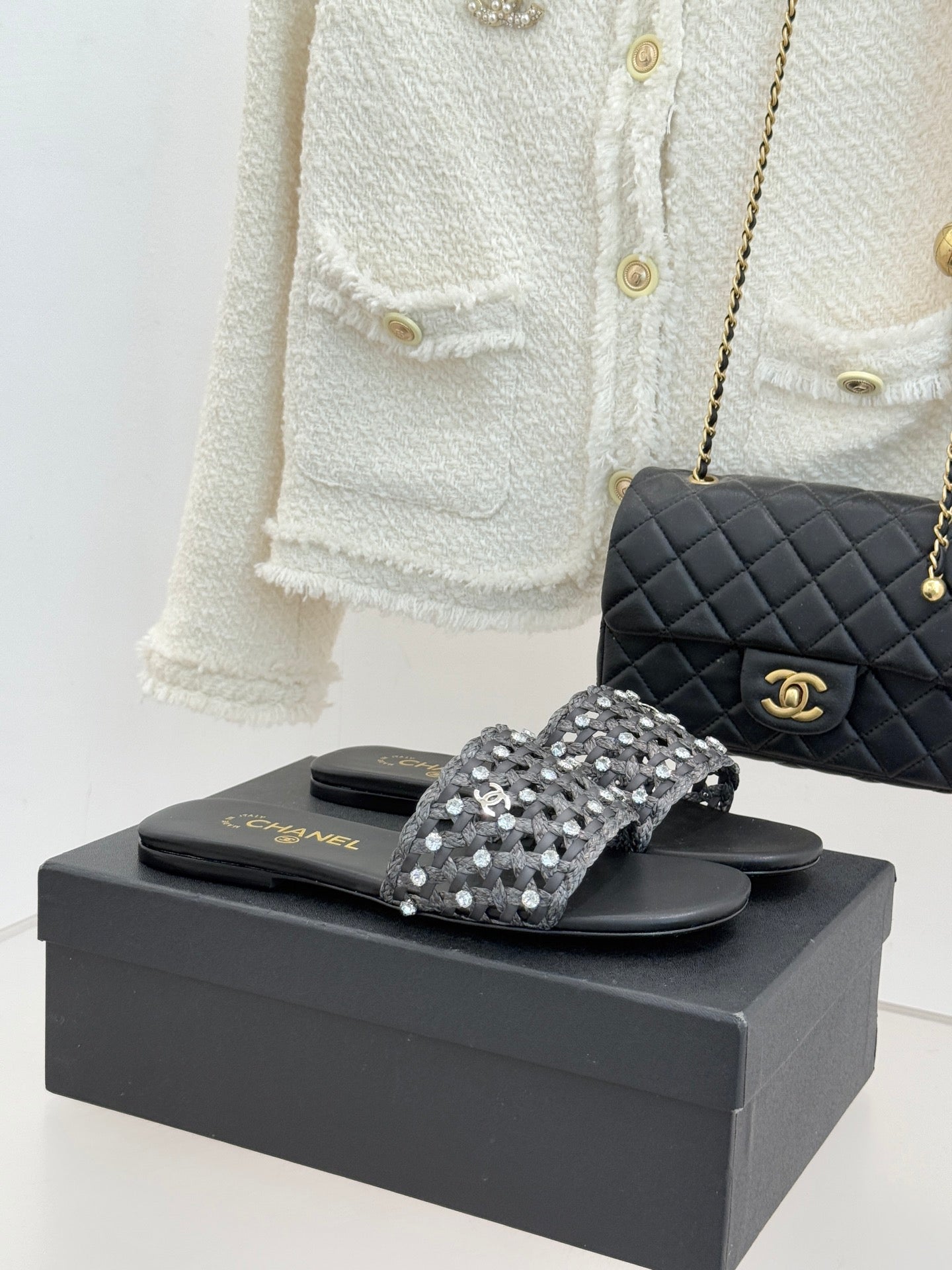 CC 2026 Flat Sandals Woven Sheepskin Rhinestones