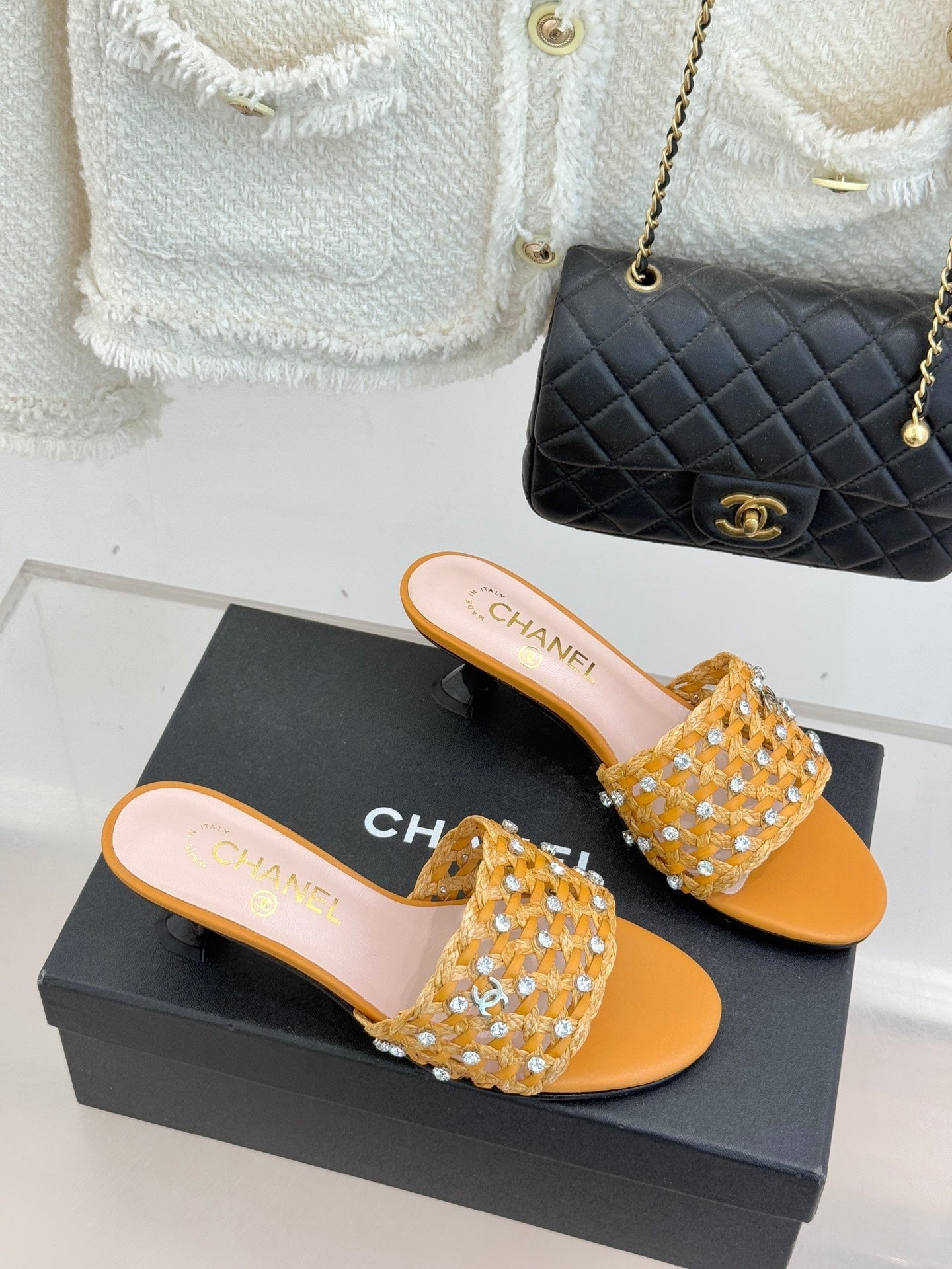 CC 2026 Heel Sandals 65 Woven Sheepskin Rhinestones