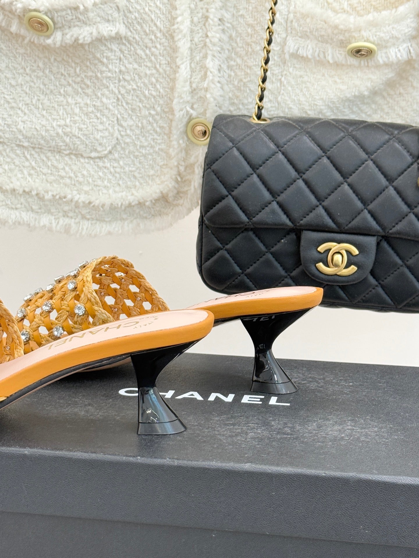 CC 2026 Heel Sandals 65 Woven Sheepskin Rhinestones