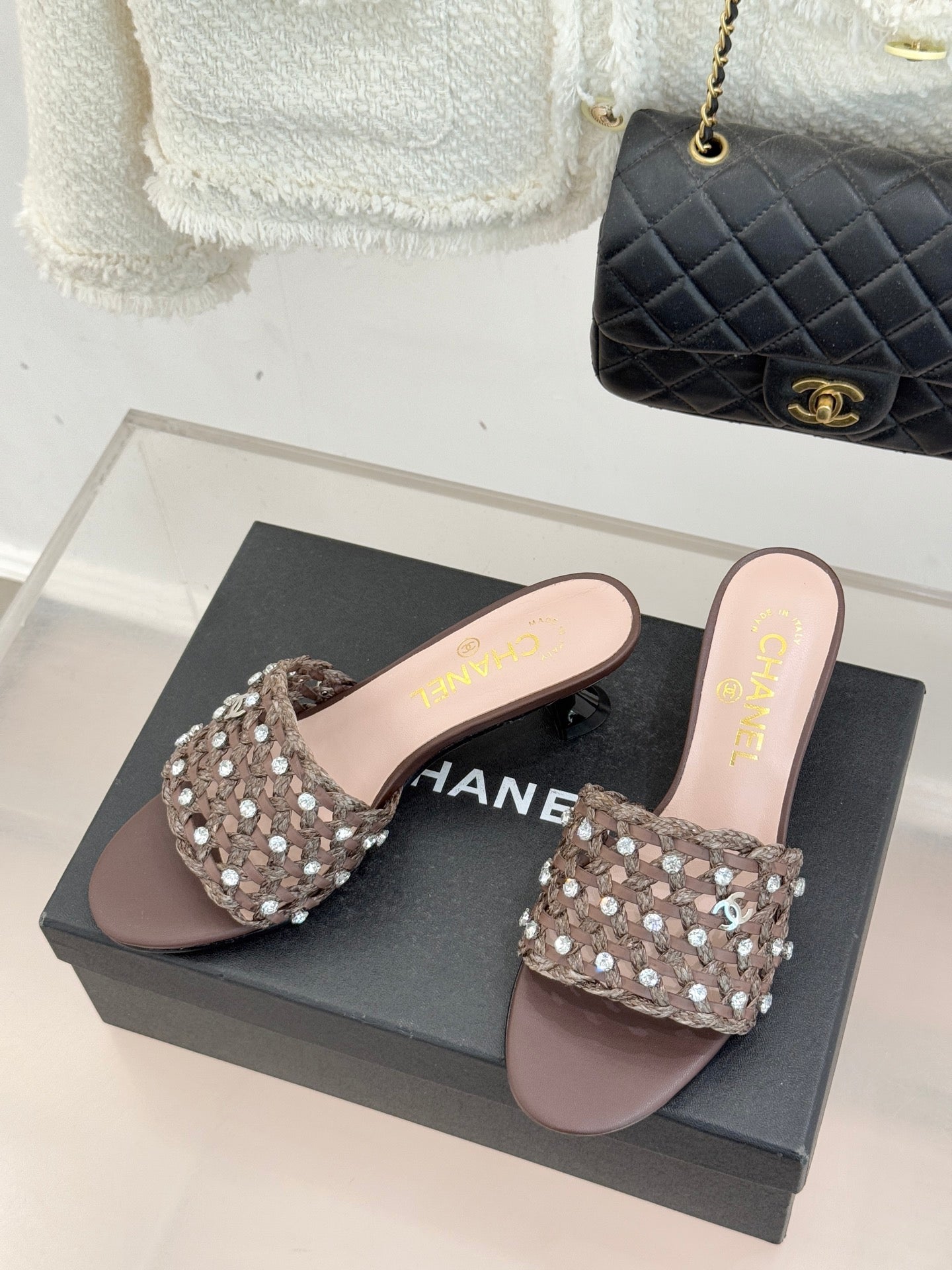CC 2026 Heel Sandals 65 Woven Sheepskin Rhinestones