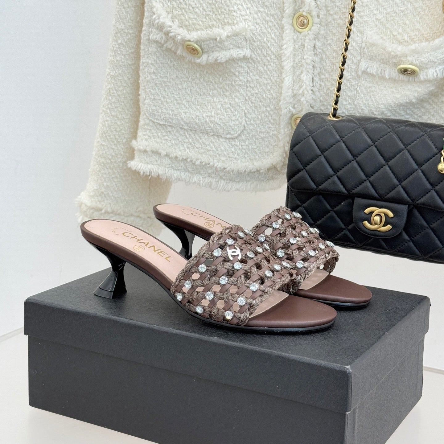 CC 2026 Heel Sandals 65 Woven Sheepskin Rhinestones