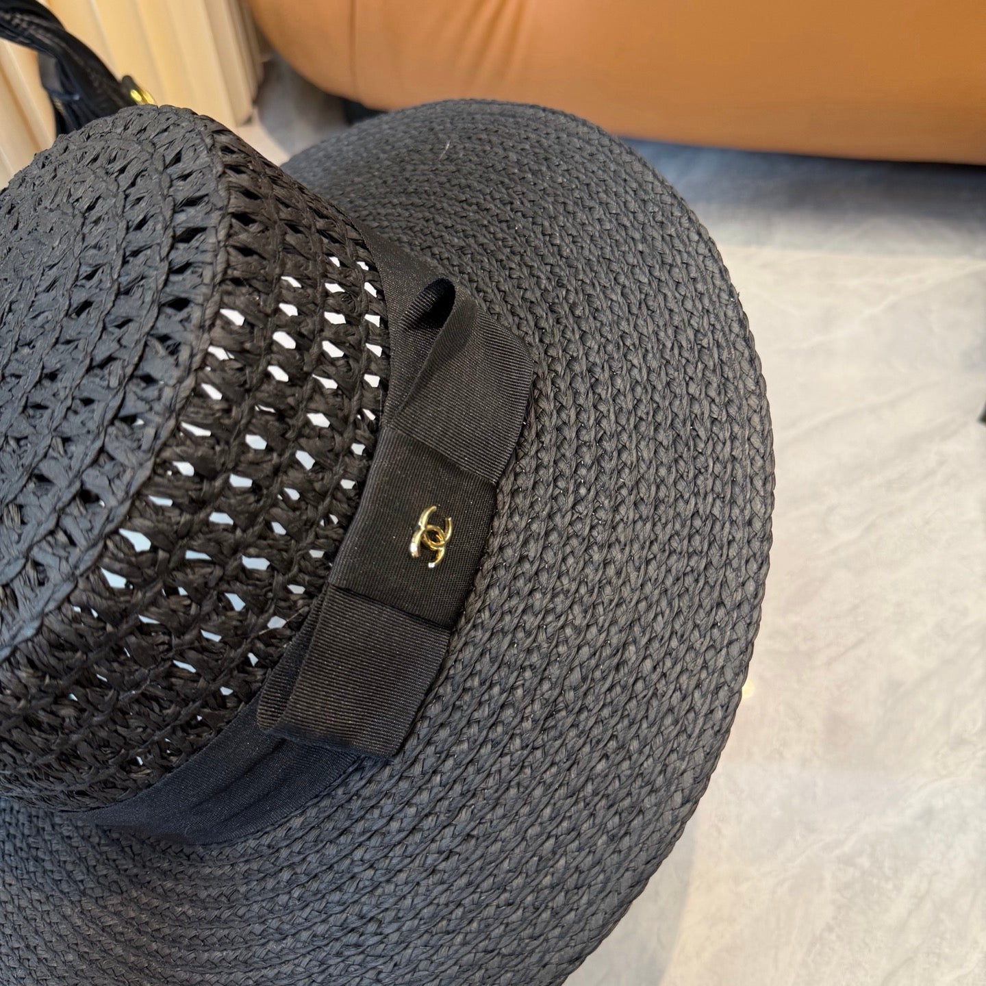 Chanel Straw Hat With Black Ribbon Accent 250043