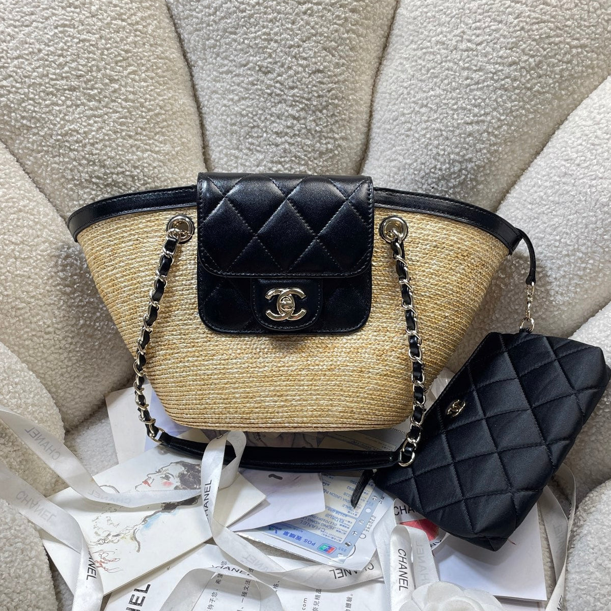 Chanel 2026 Shopping Tote Bag 41cm Raffia Suede Lambskin