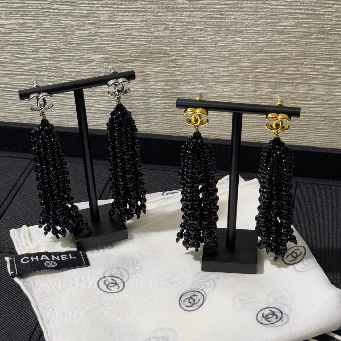 Chanel 2026 Black Beaded Tassel Earrings with Gold Double C Long Earrings