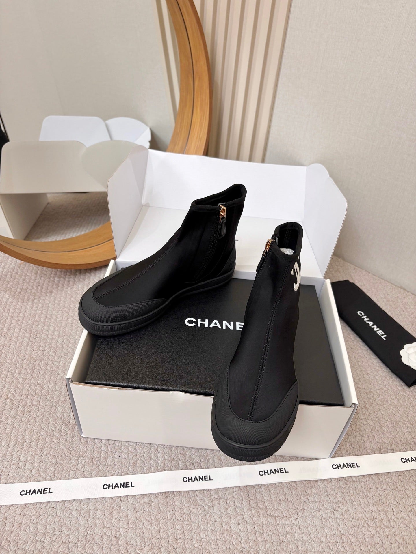 Chanel 2026 Double-C Metal Logo Ankle Boots Canvas Sheepskin 826495