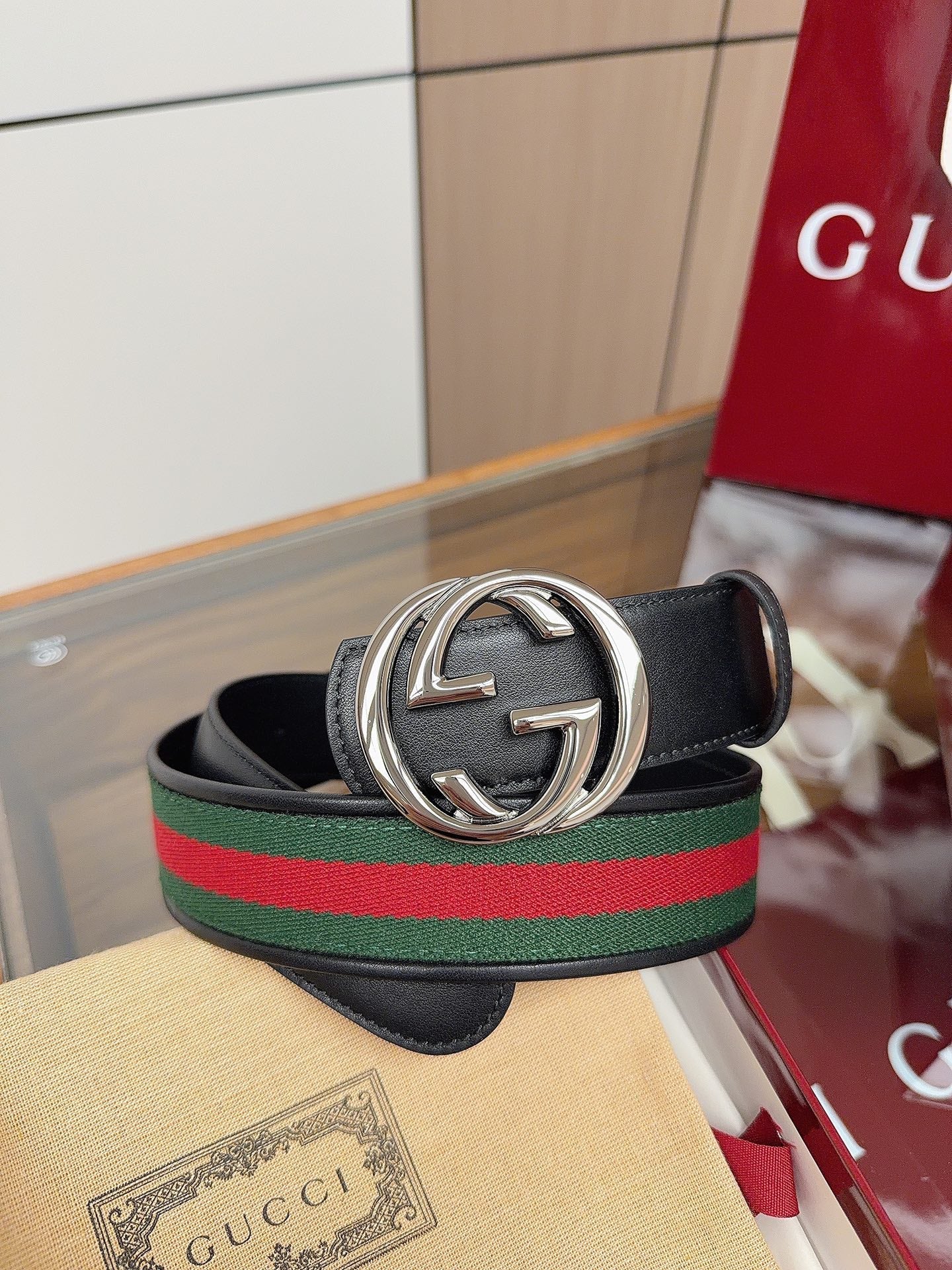 Gucci 2026 GG Buckle Web Belt 40mm Canvas Leather 215509