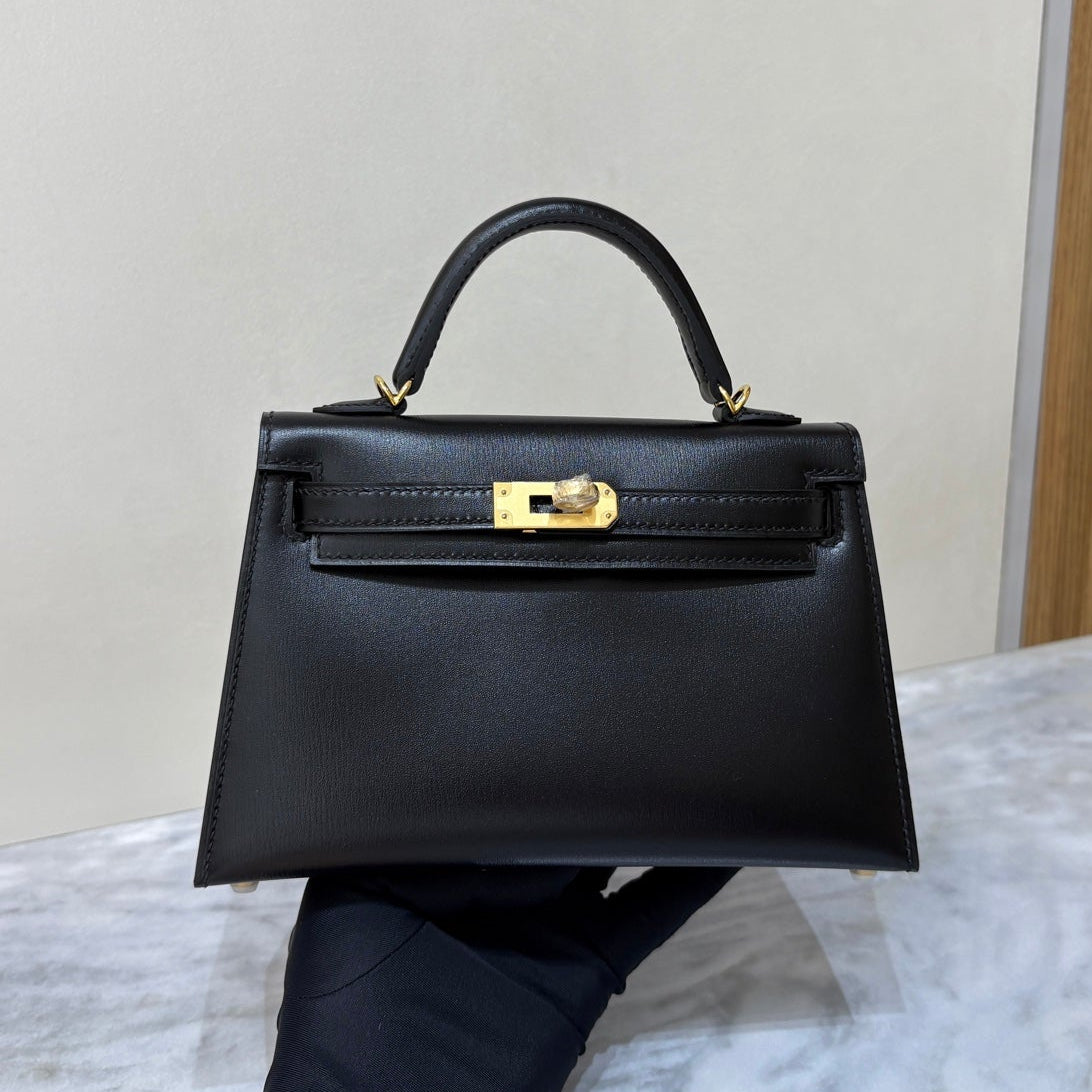High-end Hermes 2026 Mini Kelly Bag 19cm Black Box Calf Leather