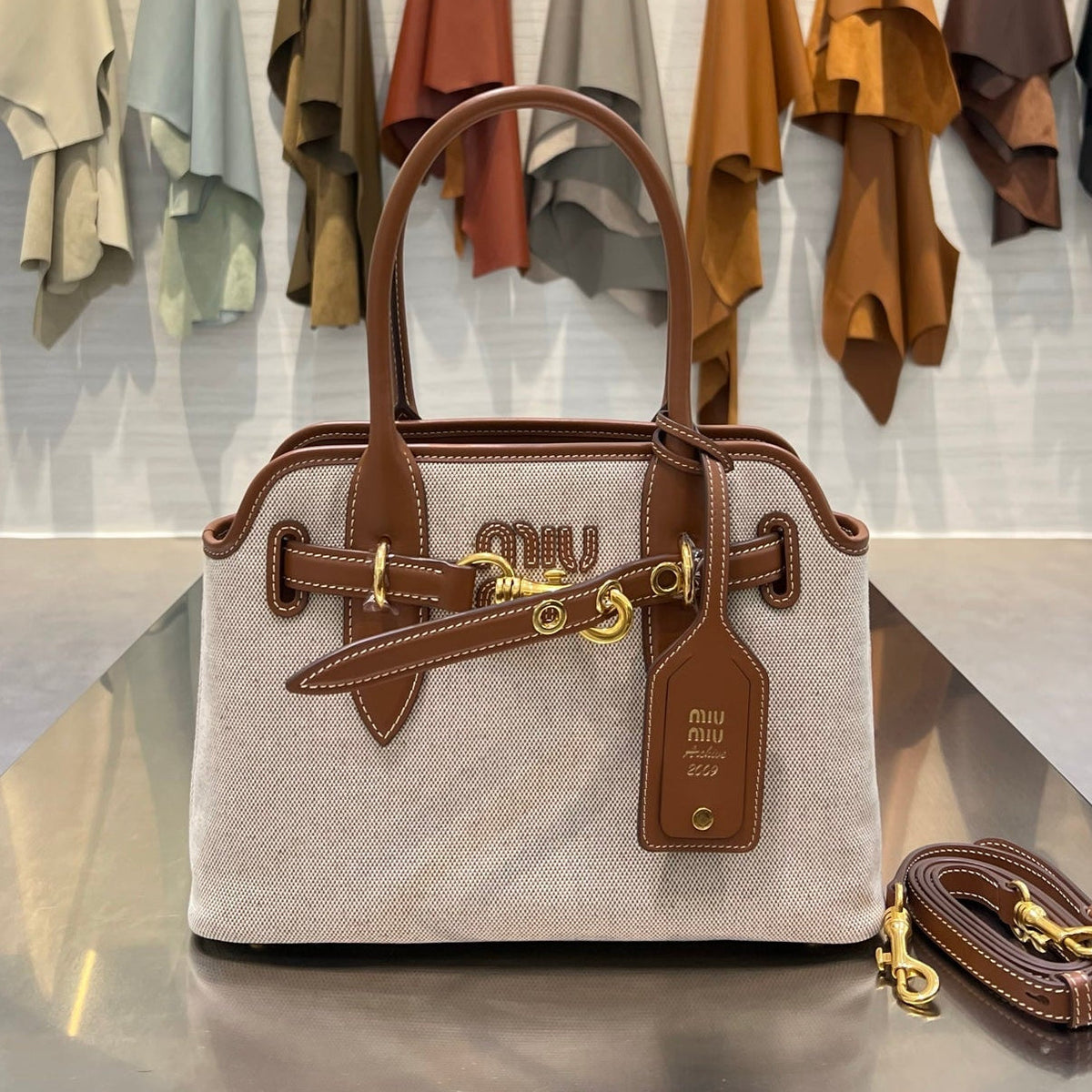 MiuMiu 2026 Aventure Tote Bag 30cm Canvas Leather