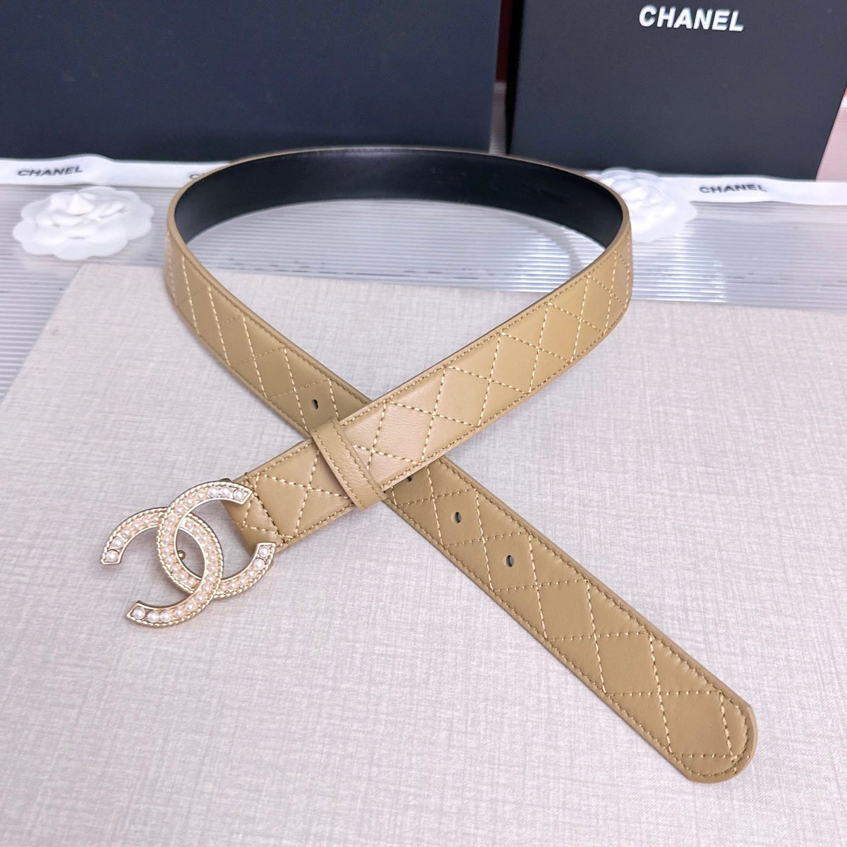 Chanel 2026 Quilted Pearl CC Belt 30mm Lambskin