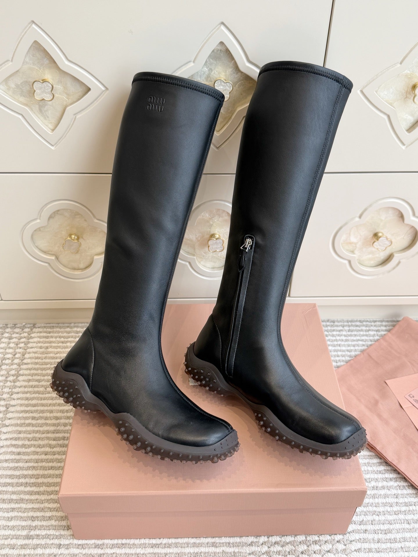 Miumiu 2026 Retro Sporty High-Top Stretch Boots Sheepskin 955678
