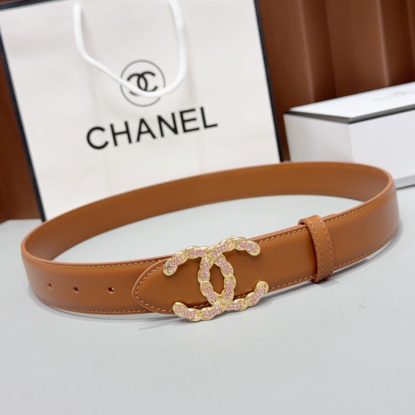 Chanel 2026 Double CC Crystal Buckle Belt 30mm Cowhide