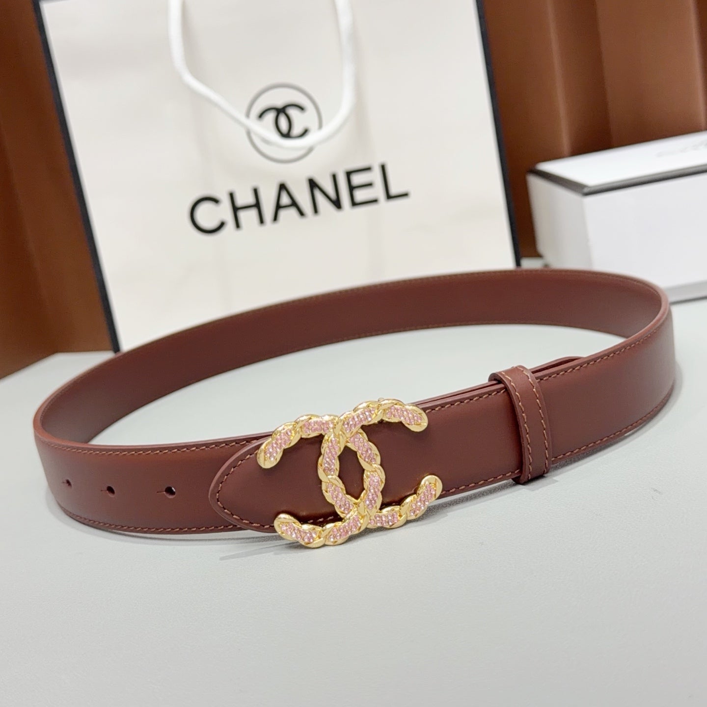 Chanel 2026 Double CC Crystal Buckle Belt 30mm Cowhide